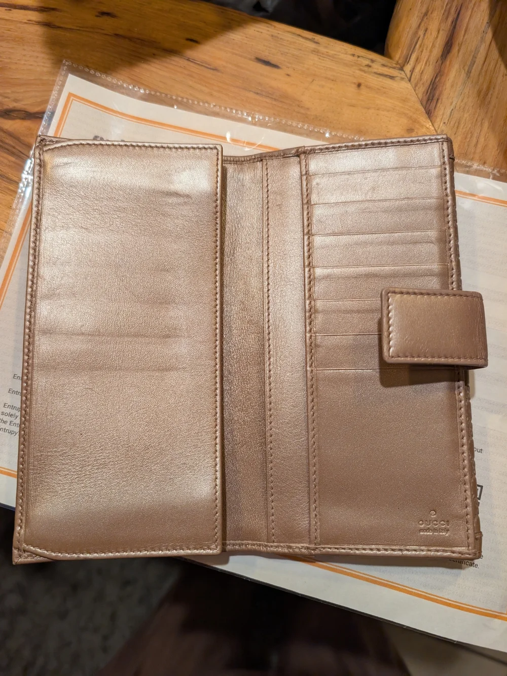Gucci Metallic Rose Gold GG Continental Wallet & COA, Chain